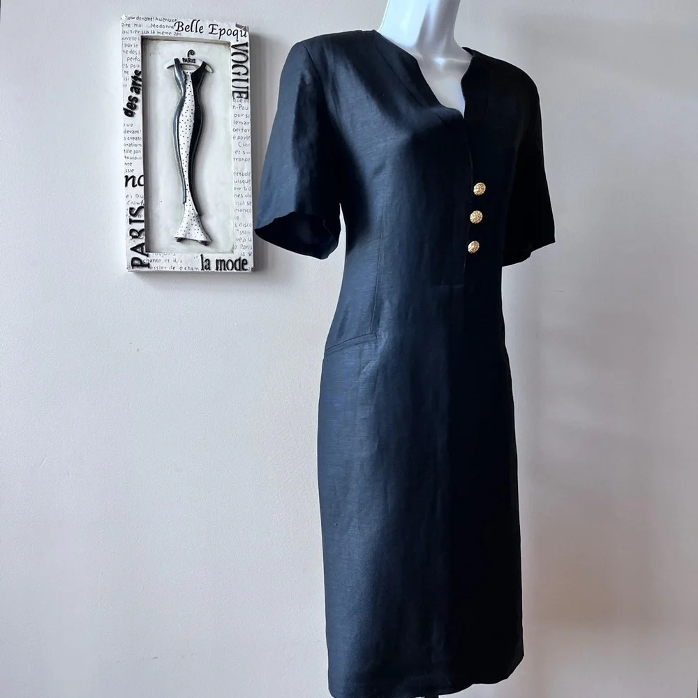 Vintage 80s Harvé Benard Short Sleeve Black Secretary Sheath Dress Size S - Picture 6 of 14